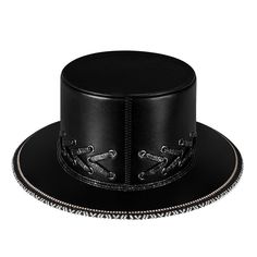 Product information: Color: FHT052BK Processing Method: embossing Crown style: Flat Top Size: average size Material: PU leather Popular elements: rivets Size: Packing list: Hat*1 Product Image: Flat Top Hat, Punk Skull, Black Top Hat, Spooky Style, Punk Inspiration, Bold Accessories, Black Hat, Skull Design, Flats Top