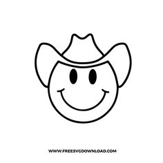 a black and white drawing of a cowboy hat with a smile on it's face