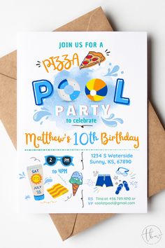 a pool party birthday card on top of a brown envelope next to an envelope that says, join us for a pizza pool party