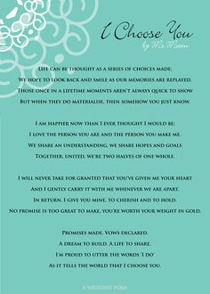 the wedding vows are written in blue with white swirls on it, and an aqua background