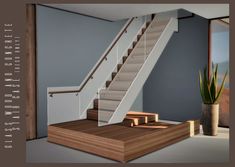 a stair case next to a plant in a room with blue walls and wooden steps