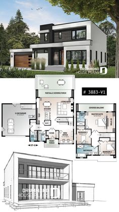 two story modern house plan with floor plans