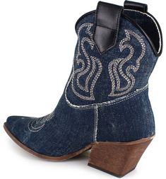 Western Style Denim Blue Boots For Fall, Western Denim Blue Boots For Fall, Denim Blue Western Boots For Fall, Western Style Denim Blue Boots With Round Toe, Denim Blue Western Boots With Round Toe, Western Boots With Round Toe In Denim Blue, Denim Ankle Boots For Fall, Trendy Dark Wash Boots For Fall, Denim Blue Pointed Toe Boots