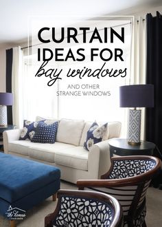 a living room with white furniture and blue accents on the walls is featured in an article titled curtain ideas for bay windows and other strange windows