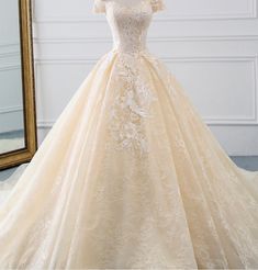 Lace Champagne Wedding Dress, Wedding Gown Designs, Champagne Ball Gown, Champagne Wedding Dress, Wedding Dress With Train, Gown Designs, Lace Applique Wedding Dress, Western Wedding Dresses, Dress With Train