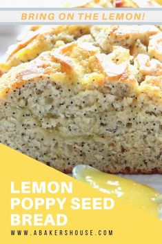 a loaf of lemon poppy seed bread sitting on top of a white plate