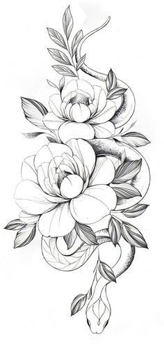 a black and white drawing of flowers with leaves on the bottom half of each flower