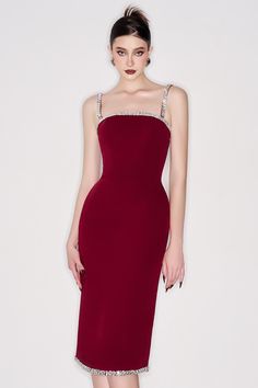 This dress is made from high-quality crepe material, ensuring both comfort and durability. The square neck design adds a touch of sophistication, while the knee-length cut is perfect for any professional or formal setting. *The product length is measured from the shoulder to the hem. Red Midi Dress With Straight Neckline For Formal Occasions, Elegant Red Dress With Straight Neckline, Elegant Midi Dress With Straight Neckline For Banquet, Elegant Red Midi Dress With Square Neck, Elegant Red Mini Dress With Square Neck, Red Fitted Asymmetrical Knee-length Dress, Classic Red Knee-length Dress, Red Knee-length Elastane Dress, Red Stretch Bodycon Knee-length Dress