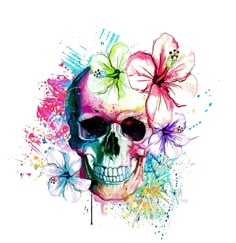 a skull with flowers on it's head and watercolor paint splatters