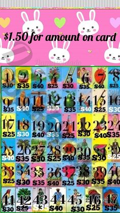 a pink poster with numbers and rabbits on it