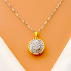 This Unique Round Diamond + 18k Gold Pendant, weighing 1.40 grams, is a beautifully crafted piece that radiates elegance and luxury. Made from 18k yellow gold, it features a polished finish that perfectly complements the diamond centerpiece. The pendant is adorned with a 0.47ct diamond of G-H color and VS quality, offering a brilliant and captivating sparkle. With a pendant length of 0.6 inches, it's a versatile and eye-catching piece, ideal for adding a touch of sophistication to any ensemble. 14k Gold Jewelry With Baguette Diamonds In Diamond White, Fine Jewelry Yellow Gold Necklace With Baguette Diamonds, Gold Necklaces With Baguette Diamonds, Formal Hallmarked Yellow Gold Diamond Necklace, Hallmarked Yellow Gold Diamond Pendant Necklace, Timeless Diamond White Hallmarked Jewelry, Timeless Hallmarked Diamond White Jewelry, Classic Hallmarked Yellow Gold Diamond Necklace, Yellow Gold Diamond Cut Pendant Necklace