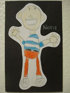 a child's drawing of a man in orange pants and blue shirt with the word nora written on it