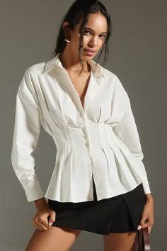 Tailored to perfection, the Tobie Shirt is on top of everyone’s mind – with its classic collar, exaggerated sleeves, and waist-defining pleats. | The Tobie Pleated Blouse by Exquise: Long-Sleeve Edition in White, Women's, Size: Medium, Polyester/Cotton/Elastane at Anthropologie Petite Blouses, Anthropologie Uk, Sweater Season, Velvet Blouses, Pleated Blouse, Petite Tops, Wrap Blouse, Cozy Knits, Plus Size Blouses