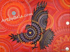 an orange and black bird with intricate designs on it