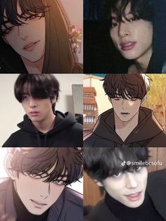 four different images of the same person with black hair and brown eyes, one is wearing a hoodie