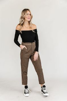 Make a bold statement with these Checked In Cropped Pants! With a mid-rise waist, an elastic back waist panel, and a cropped hem, these pants flatter any shape while the tan & black checkered print adds a touch of boldness. The straight-leg fit ensures these pants remain comfortable all day. Are you ready to check in? Mid-rise waist Elastic back waist panel Cropped length hem Tan & black checkered print Straight leg fit 100% Cotton XSmall - Waist: 25", Hip: 35.5", Inseam: 24" Small - Waist: 27", Netflix Chill, Yoga Hoodie, Black Checkered, Checkered Print, Checker Print, Pants Large, Street Outfit, Crop Pants, Shoulder Design