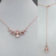 Pink Gold Cubic Zirconia Necklace For Wedding, Rose Gold Crystal Bridal Necklace Gift, Rose Gold Crystal Bridal Necklace, Rose Gold Crystal Jewelry For Bridesmaids, Elegant Pink Gold Necklace For Wedding, Crystal Necklace Rose, Pink Crystal Necklace, Rose Gold Wedding Jewelry, Pink Crystal Earrings