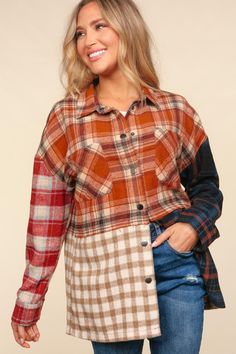 Introducing our Flannel Color Block Shirt Jacket: the perfect combination of style and comfort. This long sleeve shacket features a trendy plaid and check color block design, elevated by a convenient snap button closure. Its oversized fit adds a modern twist to this classic wardrobe staple. Upgrade your fall wardrobe with this must-have piece! 100% Polyester Plaid Button-up Shacket For Fall, Plaid Flannel Outerwear With Long Sleeves, Fall Plaid Collared Shacket, Plaid Collared Shacket For Fall, Fall Plaid Flannel Shirt With Pockets, Fall Flannel Button-up Outerwear, Fall Flannel Tops With Pockets, Plaid Button-up Tops For Fall, Trendy Flannel Button-up Outerwear