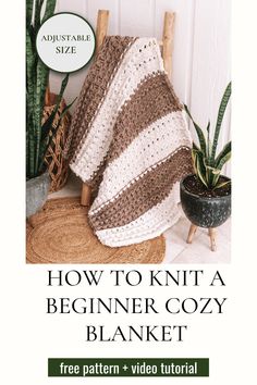 a crocheted blanket sitting on top of a chair next to a potted plant