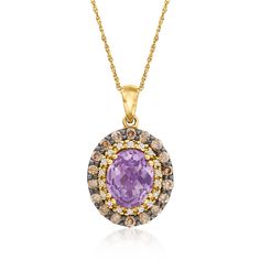 LeVian - Le Vian 2.10ct Grape Amethyst Pendant Necklace, .79ct t. w. Chocolate, Vanilla Diamonds in 14kt Honey Gold. 18". With a rich history dating back to the 15th century, Le Vian jewelry is well known for its decadent designs and innovative use of color. This luxuriously unique pendant necklace spotlights a juicy 2.10 carat oval amethyst haloed by .12 ct. t. w. round brilliant-cut white diamonds and finished with a sultry outer frame of .67 ct. t. w. round brilliant-cut brown diamonds. Finel Grape Amethyst, Levian Jewelry, Amethyst Pendant Necklace, Brown Diamonds, Amethyst Birthstone, Unique Pendant Necklace, Amethyst Necklace Pendant, Fine Jewelery, Le Vian