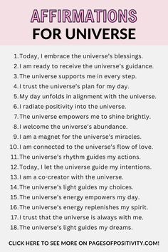 a pin that says in a large font Affirmations for Universe 888 Portal Affirmations, Blockage Remover Affirmations, Affirmations For Trusting The Universe, Manifesting Affirmations Universe, Trust The Universe Affirmations, Universe Affirmations, Growth Affirmations