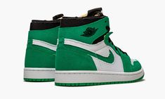 The Air Jordan 1 High Zoom CMFT “Stadium Green” is an April 2021 colorway that gives a modern update to Michael Jordan’s legendary first signature shoe. Incorporating Zoom Air technology into the sole, the Jordan 1 Zoom CMFT leans heavily on contemporary footwear design, and is a glimpse into what the silhouette may have looked like had it been produced in the present day and not in 1985. Hairy Stadium Green suede panels on the forefoot, eyelets, collar, and heel contrasts the white textile mate Jordan Verdes, Black Tongue, Footwear Design, Air Jordan 12 Retro, Jordan 12 Retro, Jordan Sneakers, Air Jordan 11, Air Jordan 1 High, Air Jordan 1 Low