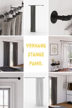 a series of photos showing different types of curtains and drapes in various rooms with the words vorhang strange pamo