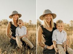 a woman sitting on top of a boy in a field wearing a hat and holding his arm around him