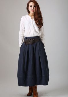 Blue skirt woman linen skirt pleated skirt custom made long skirt (778) Chic Long Denim Skirt With Pockets, Long Denim Skirt With Pockets For Work, Navy Long Skirt For Spring, Navy Cotton Lined Skirt, Navy Work Skirt With Pockets, Navy Workwear Skirt With Pockets, Blue Midi Skirt With Pockets, Navy Cotton Skirt, Navy Long Lined Skirt