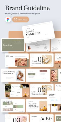 the brand guideline presentation is displayed on a white background with multiple images and text