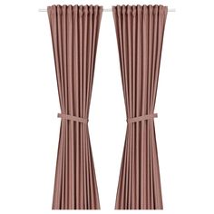 two pink curtains with ties on the top and bottom, in front of a white background