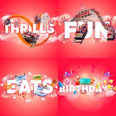 the words thrills fun and eats birthdays are displayed in three different styles on a red background