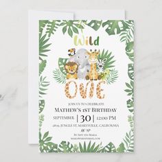 an animal themed birthday party card with jungle leaves and giraffes on it