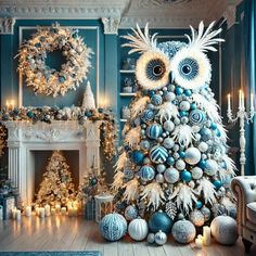 an owl is sitting on top of a christmas tree in front of a fire place