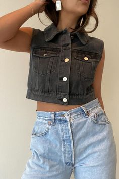 l Washed Denim Trucker Vest    l 100% Cotton    * MODEL IS 5'3″ AND IS WEARING A SMALL. Bralette Tops, Washed Denim, Long Pants, Denim Wash, Tube Top, Halter Top, Pants Set, New Dress, Trousers