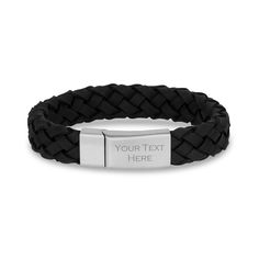 Mens Steel Leather Bracelets - Personalized 12mm Black Leather Engravable Steel Bracelet Black Leather Casual Wristband, Casual Black Leather Wristband, Modern Black Braided Bracelets For Everyday, Modern Black Braided Bracelet For Everyday, Casual Black Leather Strap Bracelet, Classic Black Leather Bracelet For Gift, Classic Black Leather Bracelet Gift, Black Rectangular Leather Strap Bracelet, Modern Black Braided Bracelet With Leather Strap