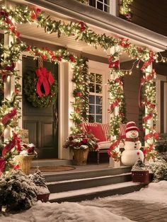 a house decorated for christmas with lights and decorations on the front porch, snowman