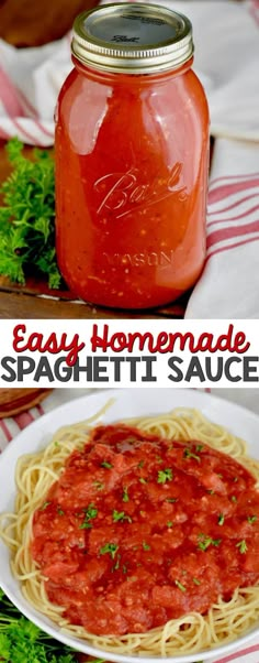 easy homemade spaghetti sauce in a mason jar and on a white plate with parsley