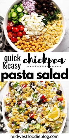 two bowls filled with pasta salad and the words quick & easy peasy, pasta salad