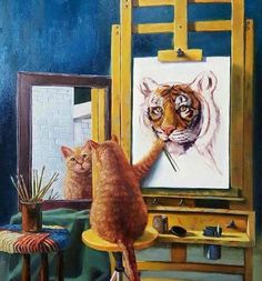 an orange cat sitting on top of a stool in front of a mirror next to a painting