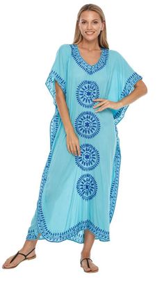 Beautiful long kaftan with embroidered trim. Lightweight swimwear coverup for any beach day! Stylish bohemian look with the handcrafted feel. Swimwear Coverup, Long Kaftan Dress, Dress For Ladies, Travel Clothing, Long Kaftan, Bohemian Clothing, Embroidered Trim, Bohemian Look, Kaftan Dress