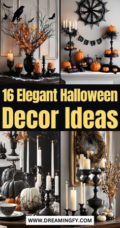 an assortment of halloween decor with candles and pumpkins