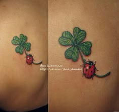 two pictures of a ladybug tattoo on the back of a woman's shoulder