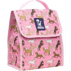 a pink lunch bag with horses on it