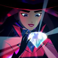 an animated woman holding a diamond in her hand and looking at the camera with bright light shining on her face