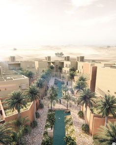 an artist's rendering of a desert resort with palm trees and buildings in the background