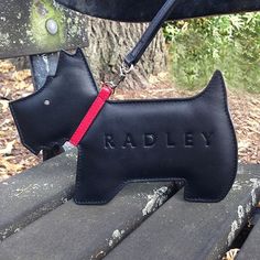 a black leather dog keychain with the name radley on it sitting on a bench