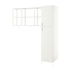 a white cabinet with four shelves on each side