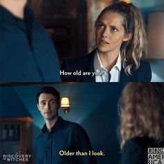 the doctor and his companion are talking to each other in front of an image that says, how old are you? older than i look