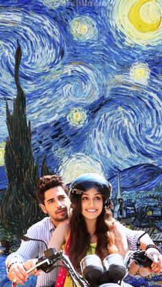 a man and woman on a motorcycle in front of a starry night sky with the painting behind them